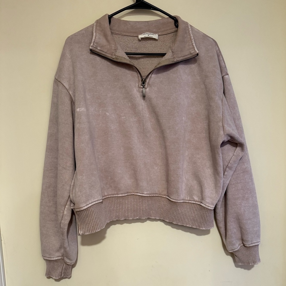 Zenana Outfitters Cropped Quarter-Zip Pullover - brown acid wash